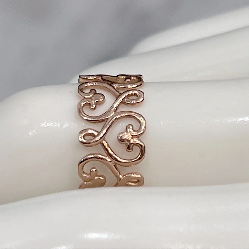14K RG Sterling Silver Scrolled Heart Filigree Band Ring Sz 8